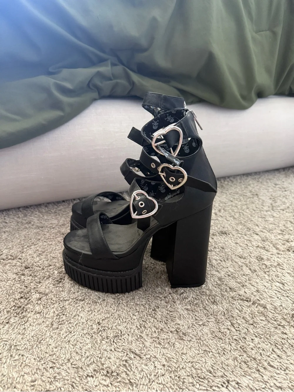 Black Platform Heart-Buckle Chunky Heels